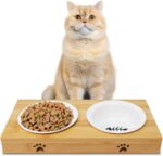 Premium Bamboo Raised Pet Feeder - 15 Degree Elevated Cat & Small Dog Bowls with 2 Ceramic Dishes, Non-Slip Base & 8 Silicone Pads, Eco-Friendly Ergonomic Food Stand for Kittens/Puppies
