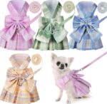 4 Pcs Cute Plaid Dog Dress Set with Bow Tie Harness & Leash for Small Dogs, Puppy Clothes for Girls Summer Outfits(M,Light Color)