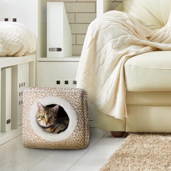 Cat Pet Bed Cave- Indoor Enclosed Covered Cavern/House for Cats Kittens and Small Pets with Removable Cushion Pad by , Tan/White Animal Print 13x12x12